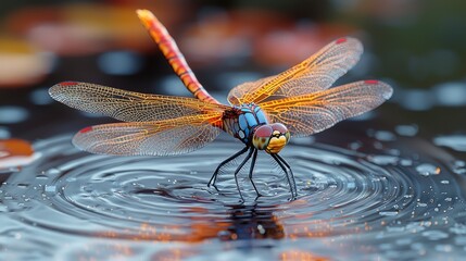 Vibrant dragonfly resting on rippled water surface.