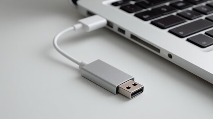 Fototapeta premium Close-up of a USB adapter plugged into a modern laptop with soft focus background perfect for technology visuals, data transfer concepts, connectivity themes and remote work scenes