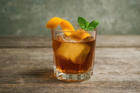 Vintage-style cocktail set against a rustic backdrop with a blurred focus and narrow depth of field.