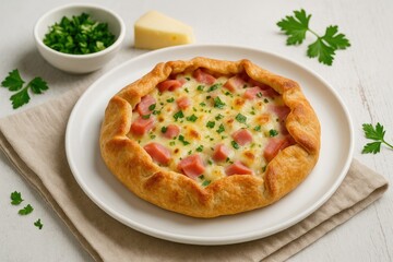 Traditional mountain cuisine featuring a cheese and ham baked pie
