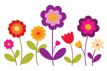 Obraz premium Whimsical Cartoon Flower Garden with Vibrant Colors on White Background Spring Illustration