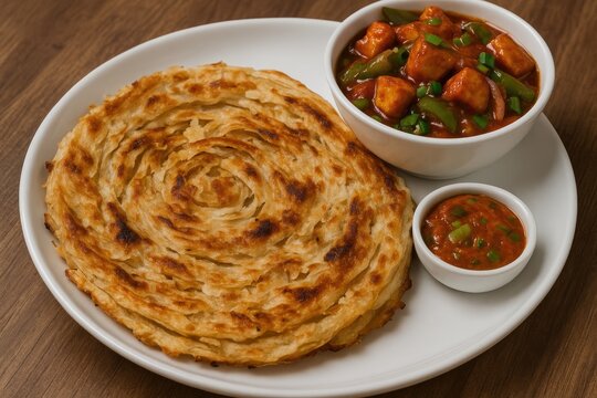 Crispy layered flatbread served with spicy paneer