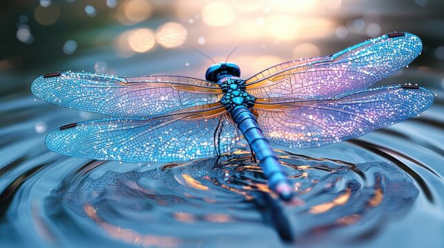 Detailed close-up of a dragonfly resting on water. - Powered by Adobe