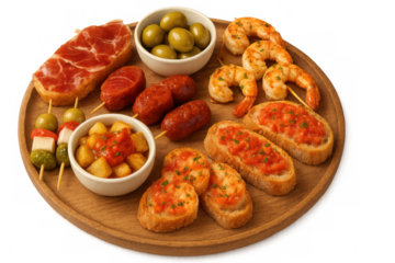 Spanish tapas featuring crispy patatas bravas, sizzling gambas al ajillo, savory chorizo, briny olives, and rich iberian ham arranged on rustic wooden platter