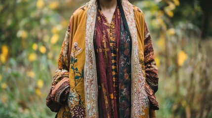Woman wearing a richly patterned, autumnal colored jacket.