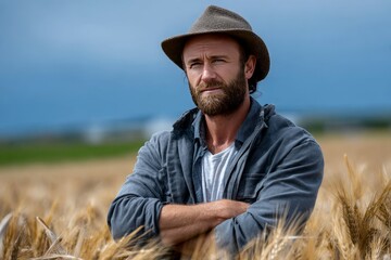 Confident Male Farmer Standing in Field with Arms Crossed