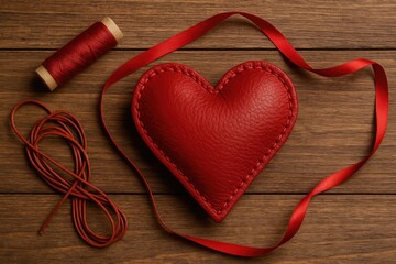 Small crimson leather cushion in heart shape with thread and satin ribbon on wooden surface