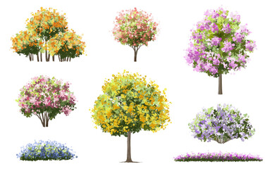  Vector watercolor blooming flower tree or forest side view isolated on white background for landscape and architecture drawing,elements for environment or and garden,green tree for garden section 