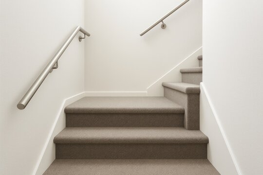 Contemporary indoor staircase featuring a sleek design and gray carpeting