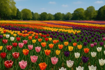 Fototapeta premium A vibrant tulip garden with diverse colors and varieties, highlighting the close-up of blooming flowers in a botanical setting.