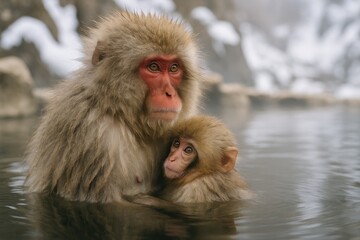 Naklejka premium Infant and mother from the snow monkey group at a mountainous park