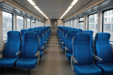 Inside a train carriage featuring rows of plush blue seats