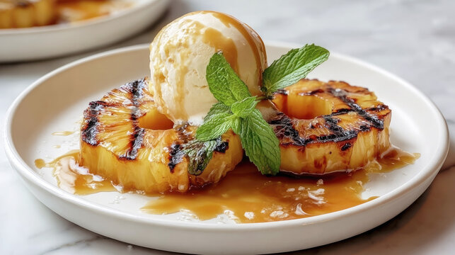 Close-up of grilled pineapple rings topped with vanilla ice cream, caramel sauce and fresh mint leaves on a white plate, captured in natural light on a marble surface. - Powered by Adobe