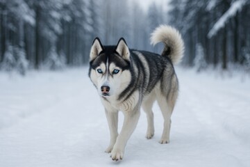 Naklejka premium Winter forest stroll with a husky dog