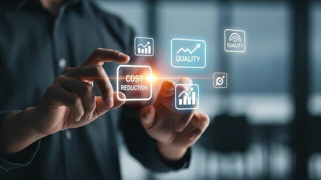 Cost Reduction Strategy: Man Interacting with Holographic Business Icons for Quality and Growth