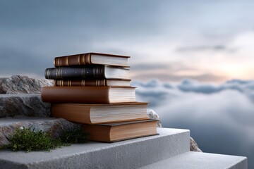 Stack of Books Forming Staircase Leading Into Dreamy Horizon