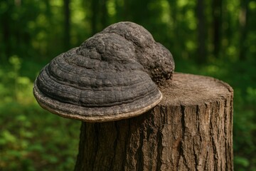 Close-up of an old, tough mushroom parasite growing on a tree stump