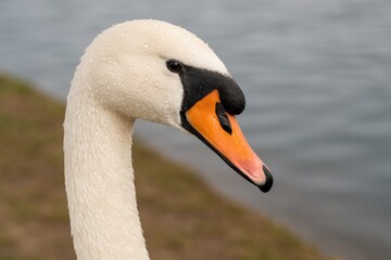 Obraz premium Close-up of a mute swan's head with water droplets on feathers by the lakeside
