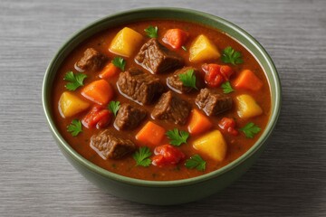 Rich and flavorful beef stew cooking on a rustic wooden surface