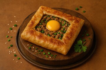 Obraz na płótnie Canvas The preparation of a savory stuffed pastry filled with egg, meat, and spices, cooked on a pan