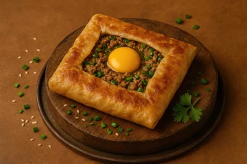 Fototapeten The preparation of a savory stuffed pastry filled with egg, meat, and spices, cooked on a pan © The 2R Artificiality