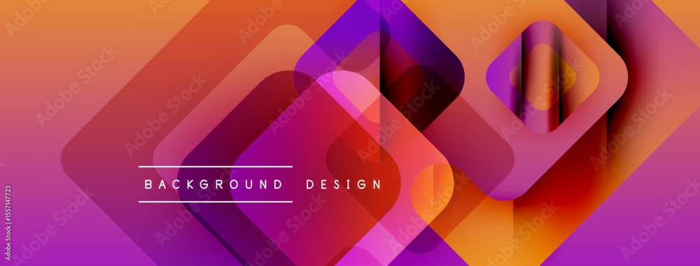 Poster Abstract geometric shapes overlap, creating vibrant gradient background. Text reads background design centered below forms. Modern, colorful composition.
