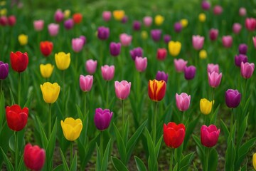 Vibrant spring garden filled with a variety of colorful tulips