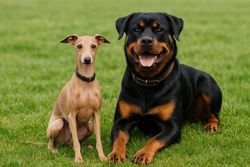Greyhound and Rottweiler relaxing on the lawn