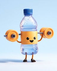 Water bottle character lifting dumbbells on white background