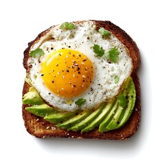 Toast with avocado and sunny egg face on white background