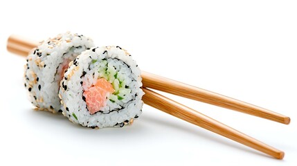 Sushi roll with blush and waving chopsticks on white background