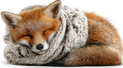 Sleepy fox curled with warm scarf on white background