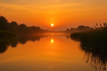 Obraz premium Sunrise over serene backwaters at golden hour
