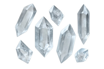 Naklejka premium Translucent quartz crystals varying in size and form, displaying raw mineral clarity against neutral backdrop