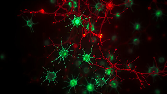 Time-lapse microscopy of differentiated neural stem cells, fluorescent green (neurons) and red (glia), with visible division, and cine-luminescence 