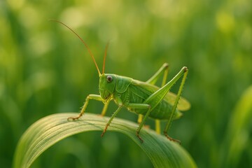 Fototapeta premium Close-up of a vibrant green grasshopper perched on a leaf in a garden setting, highlighting its detailed body and eyes with a blurred background