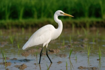 Fototapeta premium A white egret standing in a muddy ricefield