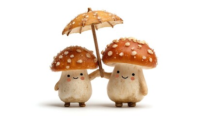 Happy mushroom couple with tiny umbrella on white background