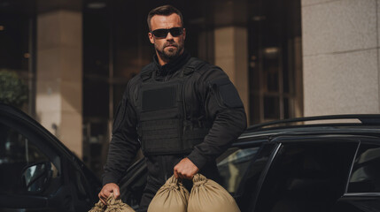 An armed cash collector in uniform and body armor carries bags of money outside the building, demonstrating protection, professionalism and a high degree of responsibility for his work.