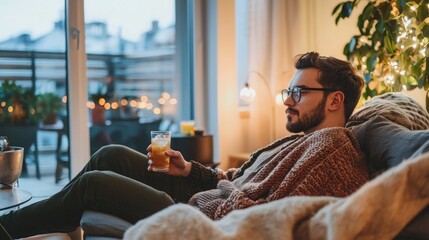 A bachelor relaxing in a stylish minimalist apartment after work with a drink in hand