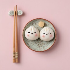 Cute dumpling with chopsticks and happy face on white background