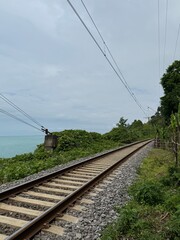 Railway track running along the coastline with power lines and surrounding vegetation. Suitable for...