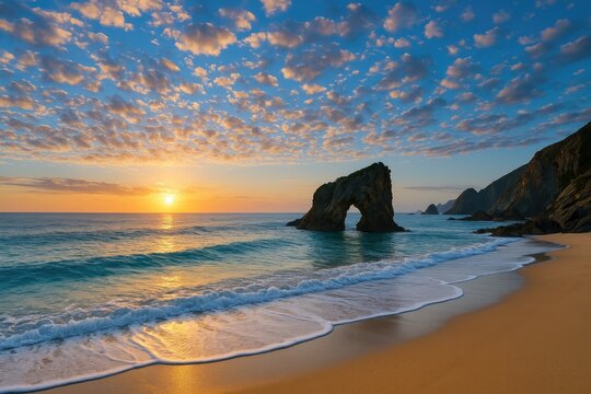 Dawn over the coastal village with cloudy skies in northwest Spain