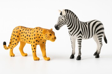 Plastic animal toys: Leopard and Zebra figures on a white backdrop