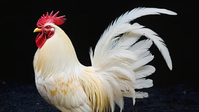 Majestic white rooster with vibrant feathers standing proudly against a dark backdrop