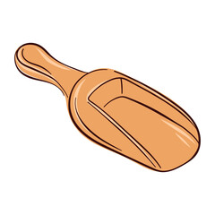 Hand drawn illustration of a wooden scoop isolated on white background for measuring spices flour or grain. Perfect for cooking theme, kitchen utensil and food preparation visual.