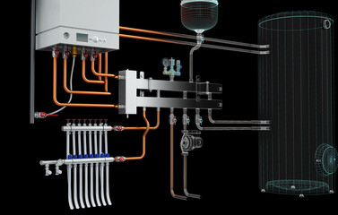 Layout of Industrial Boiler Room Interior with Pipes, Valves, Machinery and Heating System Equipment, 3D Rendering, wireframe