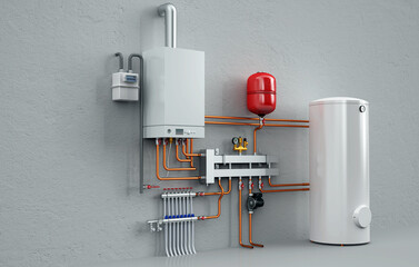3D Rendering of Industrial Boiler Room Interior with Pipes, Valves, Machinery and Heating System Equipment