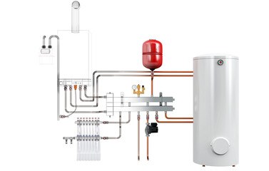 Layout of Industrial Boiler Room Interior with Pipes, Valves, Machinery and Heating System Equipment, 3D Rendering, wireframe