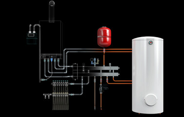 Layout of Industrial Boiler Room Interior with Pipes, Valves, Machinery and Heating System Equipment, 3D Rendering, wireframe